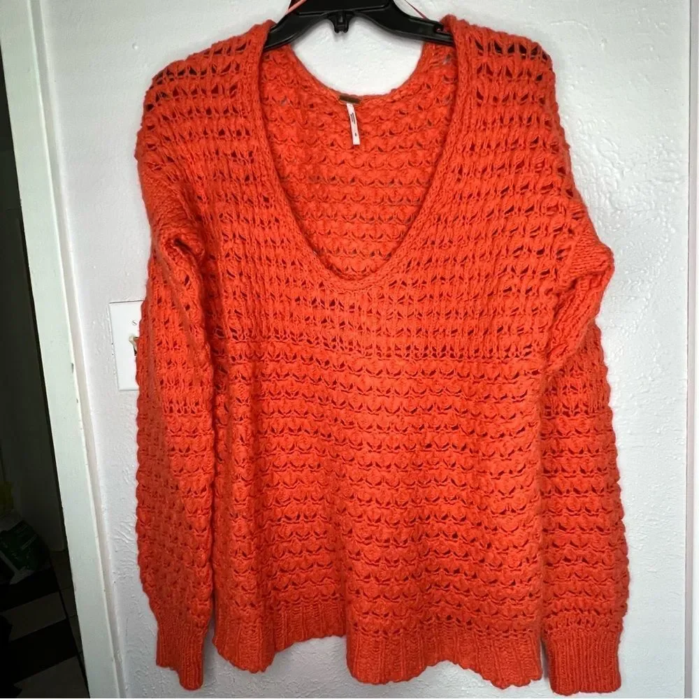 Free People Crashing Waves Pullover Knit Long Sleeve Orange Women’s Sweater Sz S